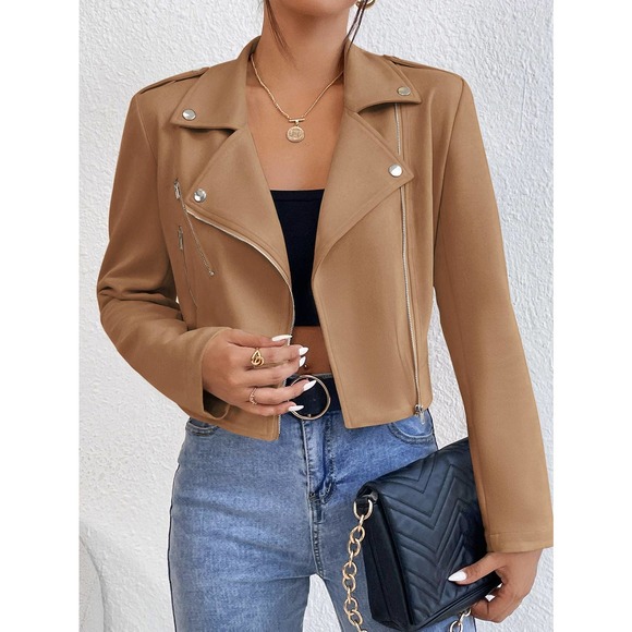 Lapel collar Zip Up vegan Moto Jacket beige cream - Picture 11 of 11